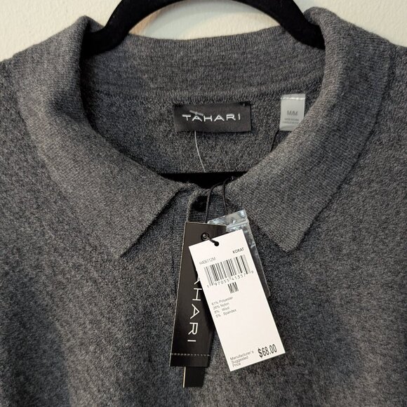 NWT Tahari Men’s Wool Blend Polo Sweater Charcoal Gray Knit Pullover Size Medium - Picture 2 of 4